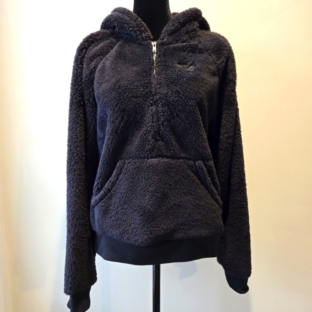 Fila Womens Black Half Zip Pullover Hooded Sherpa Faux Fur Medium
